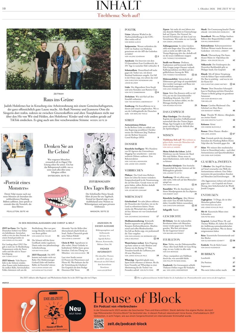 Detailreiches Inhaltsverzeichnis der Wochenzeitung DIE ZEIT 42/2026 mit mehreren Textspalten, farbigen Rubriken, kleinen Fotos und Illustrationen. Oben ein großes Foto von vier Personen im Grünen. Unten orangefarbener Werbeblock für einen Podcast der ZEIT.