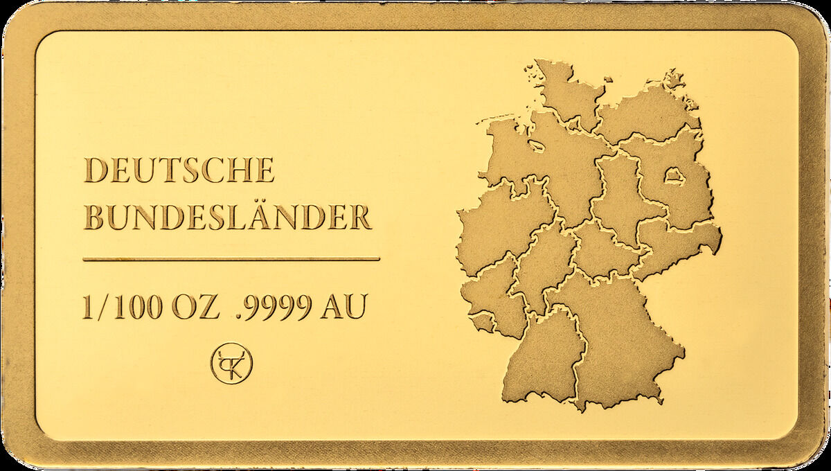 Goldbarren mit der Aufschrift 'Deutsche Bundesländer', einer Karte von Deutschland und der Angabe '1/100 OZ .9999 AU'.