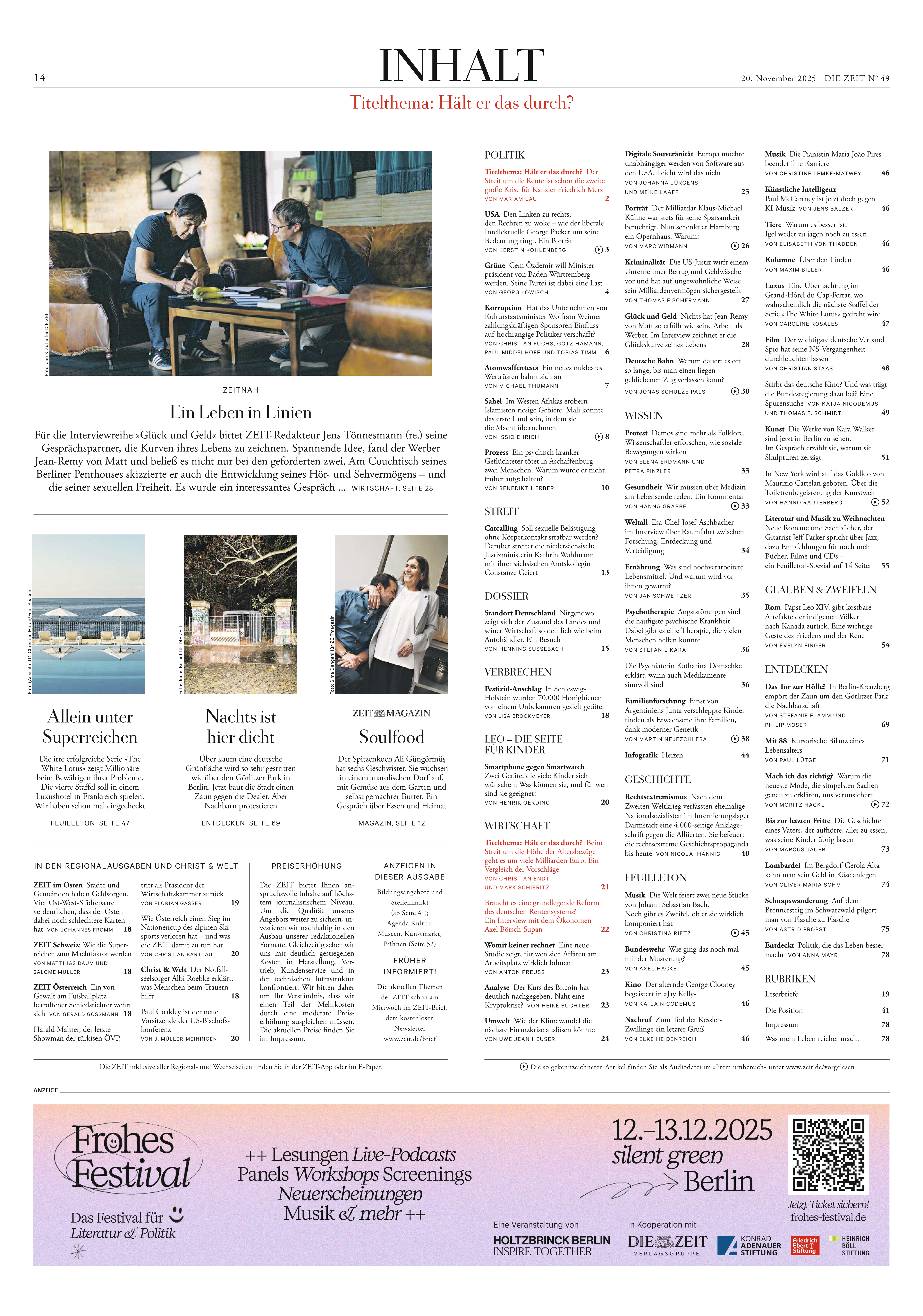 Seite einer Wochenzeitung, oben mit großer Überschrift 'INHALT', darunter zwei halbformatige Farbfotos: links zwei junge Menschen im Café, rechts zwei Frauen an einem Fenster. Mehrspaltige Textstruktur mit Rubriken, Seitennummern und kurzen Beschreibungen der Zeitungsabschnitte. Unten Werbeanzeigen für einen Festival und eine Veranstaltung, beide in farbigen Boxen gestaltet.