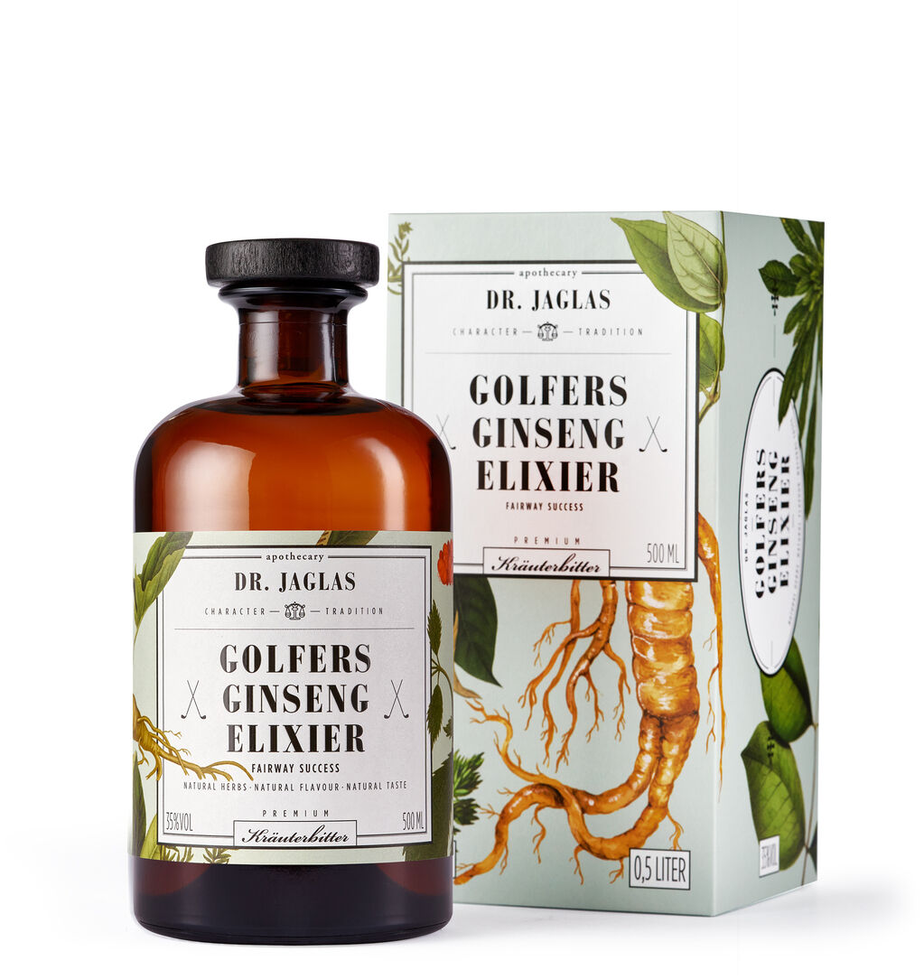 Flasche Dr. Jaglas Golfers Ginseng-Elixier (Kräuterbitter) neben einer Verpackung mit botanischem Aufdruck.