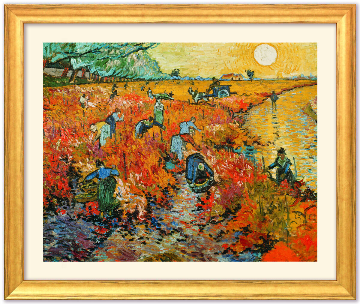 Ein Gemälde von Vincent van Gogh zeigt eine Landschaft mit mehreren Figuren, die in einem Feld arbeiten. Der Himmel ist gelb und orange, während die Landschaft in Rottönen dargestellt ist. Ein goldener Rahmen umgibt das Bild.