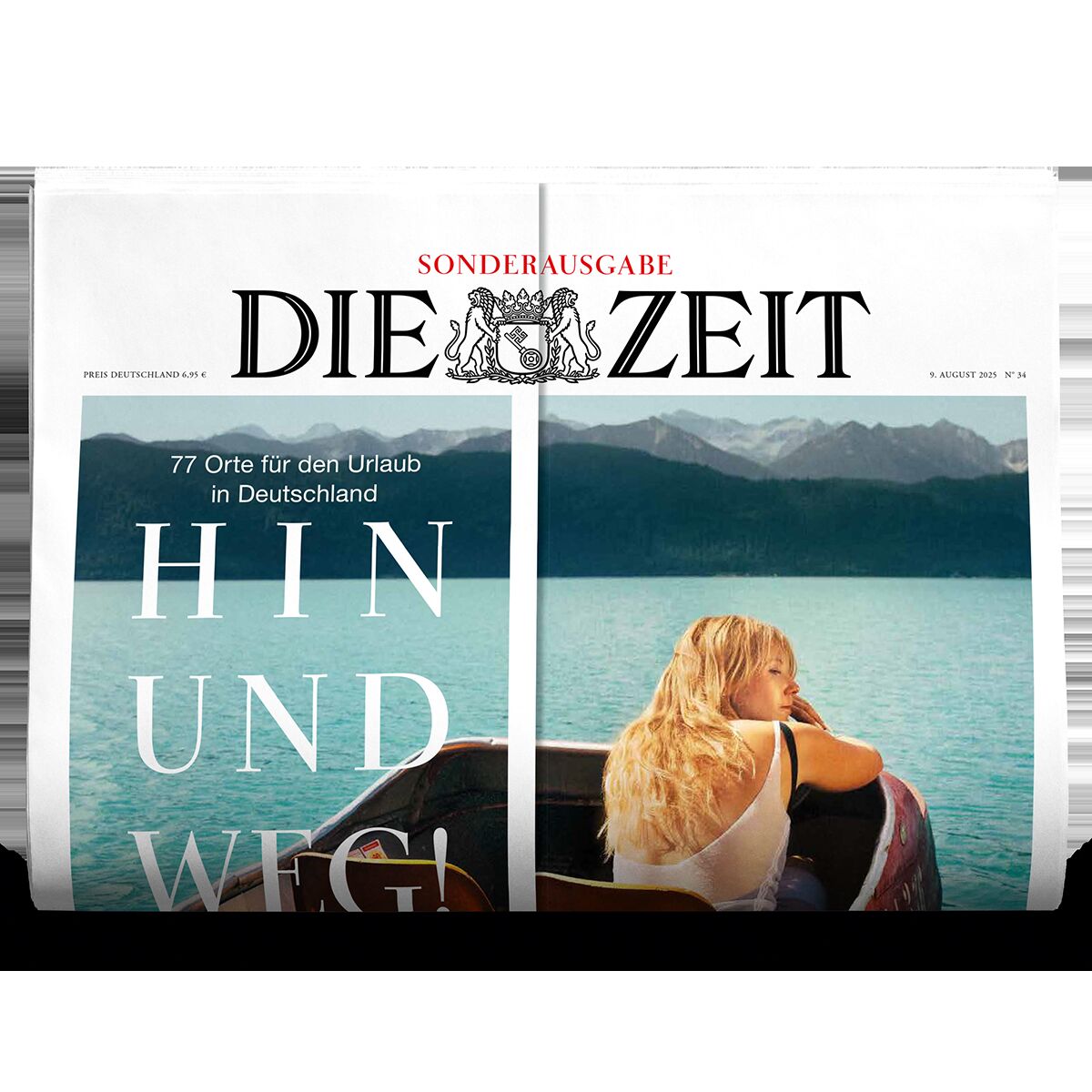Titelseite der Zeitung DIE ZEIT Sonderausgabe, auf der eine Frau auf einem Boot sitzt und über einen türkisfarbenen See mit Bergkulisse blickt. Der Haupttitel lautet: '77 Orte für den Urlaub in Deutschland - HIN UND WEG!'