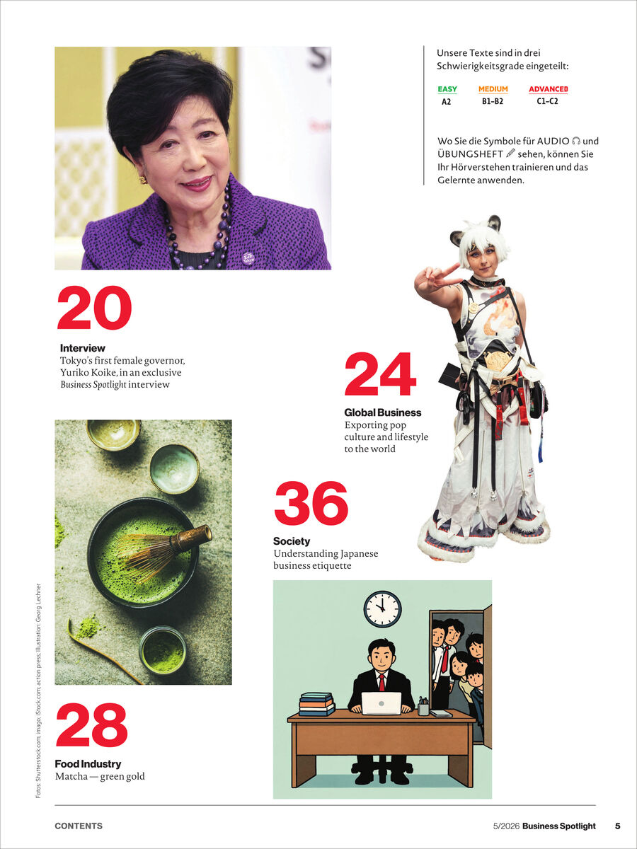 Seite aus dem "Business Spotlight Magazin 5/2026" mit vier Bildern: Porträt der Gouverneurin Yuriko Koike, eine Person im Cosplay-Kostüm, Matcha-Tee-Set in Schalen, Illustration von Büromitarbeitern. Farbakzente in Magenta und Grün, modern gestaltet.