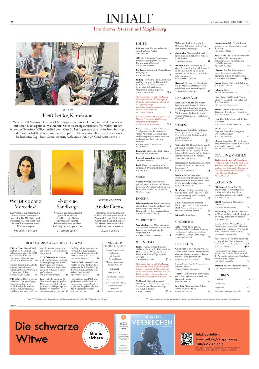 Seite eines Inhaltsverzeichnisses der Wochenzeitung DIE ZEIT 36/2026 mit mehreren Bildern und Textspalten. Oben Foto einer Friseurszene, darunter drei Artikelvorschauen mit Porträt, Landschaft und Haus. Große Textvielfalt und strukturierter Aufbau mit deutlichen Rubriken.