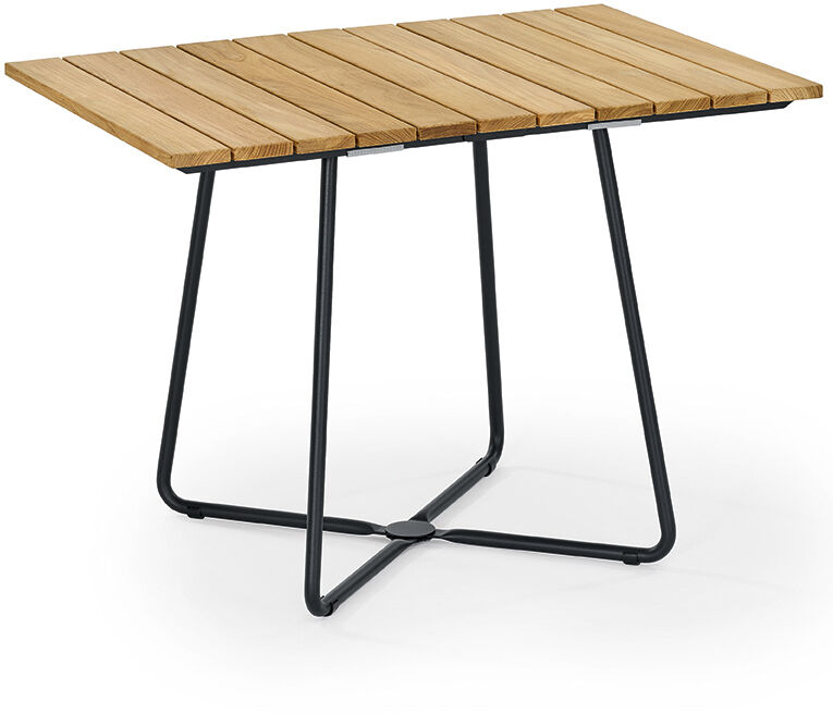 Klapptisch aus Teakholz mit schwarzem Stahlgestell und rechteckiger Tischplatte. Ideal für Balkon oder Terrasse.