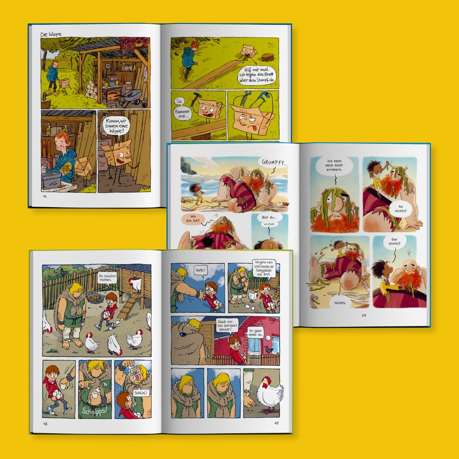 Eine Collage aus Comic-Seiten der ZEIT-Edition »Comics für Lesestars«. Die Comics zeigen farbenfrohe Illustrationen mit Figuren in unterschiedlichen Szenen. Es sind Dialoge und zahlreiche Details zu sehen. Der Hintergrund ist gelb.