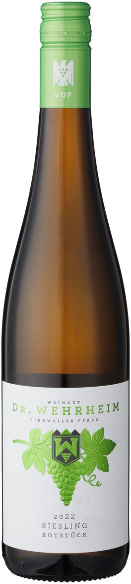 Eine Flasche Dr. Wehrheim Riesling Trocken Jahrgang 2022 aus der Pfalz, mit grünem Schraubverschluss und einem grünen und weißen Etikett mit einem Stilisierten Weinblatt und Weinranken.