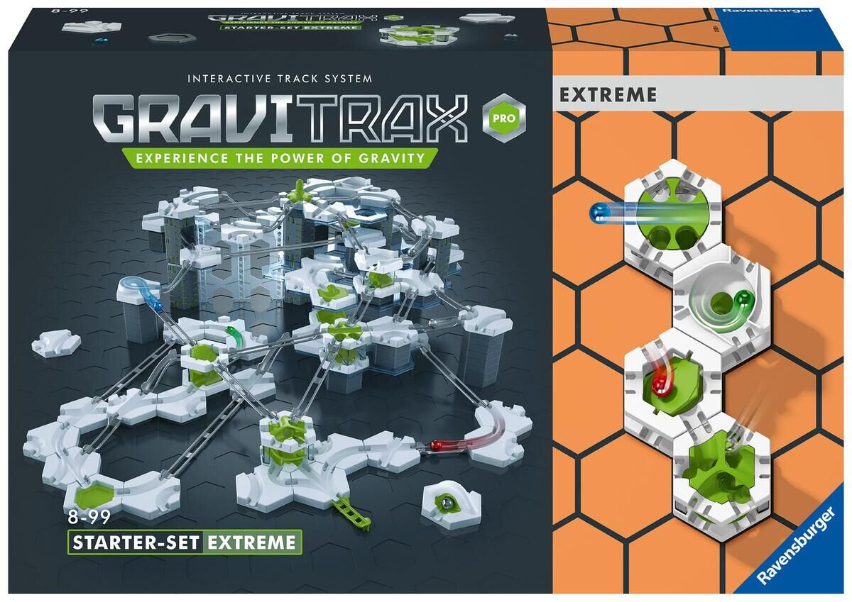 GraviTrax PRO Starter-Set Extreme, ein interaktives Kugelbahnsystem von Ravensburger, gezeigt auf der Verpackung mit verschiedenen Bauelementen in Weiß, Grau und Grün.