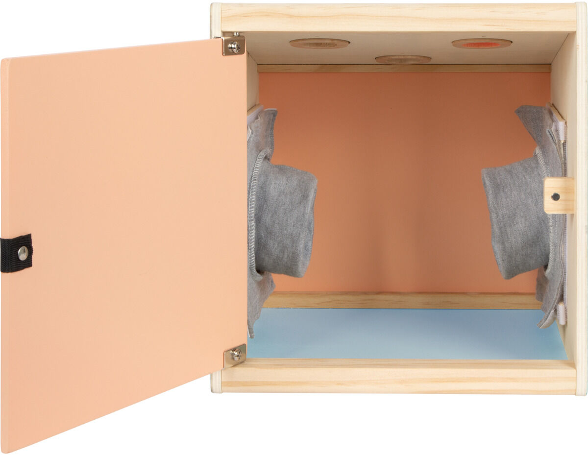 Das Bild zeigt eine geöffnete Sinnes- und Fühlbox aus Holz mit einem beigen Äußeren und Innenraum in Orange und Blau. Die Box besitzt Einführungen für die Hände, um sensorische Objekte im Inneren zu ertasten. Geeignet für Kinder zur Förderung der sensorischen Entwicklung.
