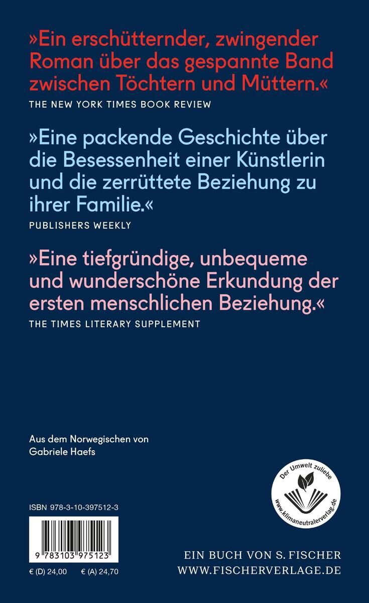Rückseite des Buches 'Wahrheiten meiner Mutter' von Vigdis Hjorth mit Zitaten von Rezensionen auf dunkelblauem Hintergrund. Das Buch ist aus dem Norwegischen von Gabriele Haefs übersetzt und im Fischer Verlag veröffentlicht.