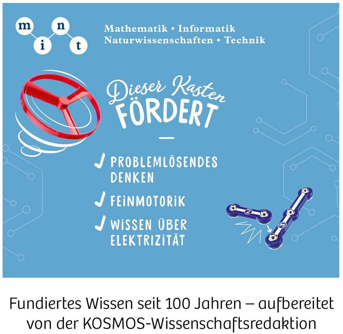 Das Produkt 'Easy Elektro - Start' von Kosmos zeigt eine Grafik mit einem rotierenden Propeller, Symbolen für Technik und Elektrizität sowie Text, der die Förderung von problemlösendem Denken, Feinmotorik und Wissen über Elektrizität betont. Der Hintergrund ist blau mit weißen und roten Akzenten und einem Hexagon-Muster.