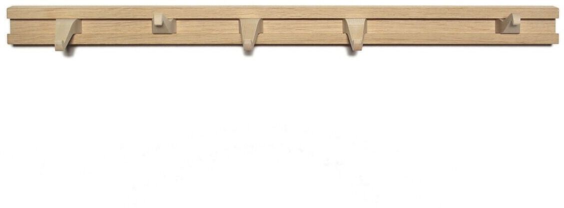 Eine Garderobenleiste aus Naturholz mit mehreren Haken und schlichter, moderner Optik zur Wandmontage.