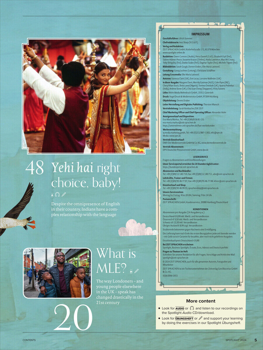 Seite aus dem Spotlight Magazin 12/2024 Sonderausgabe mit Text und einem Bild von tanzenden Menschen in traditioneller Kleidung. Enthält Artikelüberschriften und Textblöcke in englischer Sprache auf blauem Hintergrund.