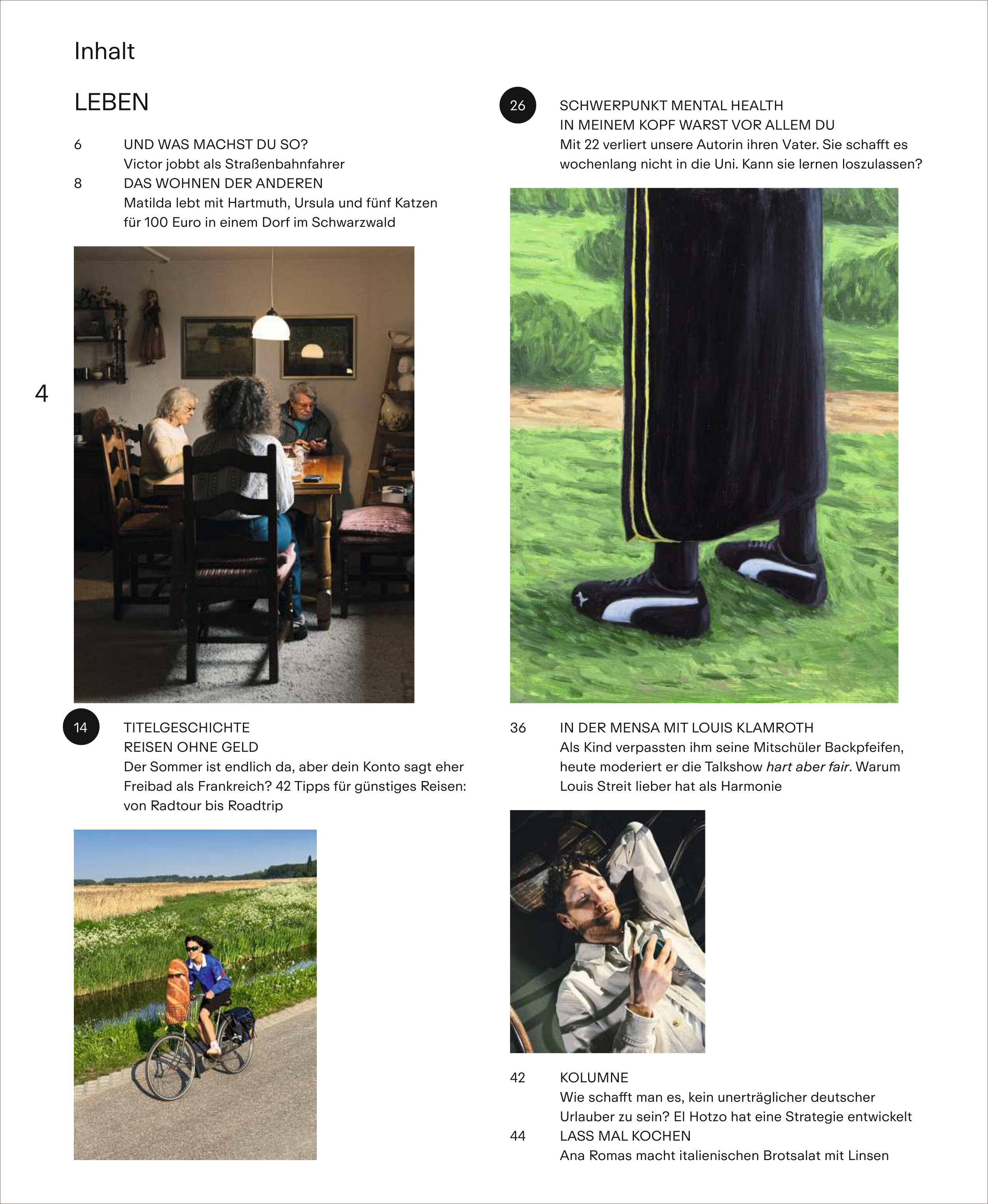 Das Titelbild einer Inhaltsseite des Magazins ZEIT CAMPUS Ausgabe 3/25 zeigt eine Gruppe junger Menschen beim gemeinsamen Essen an einem Tisch und kleinere Fotos zum Thema Reisen, Mental Health und studentisches Leben. Verschiedene Alltagsszenen spiegeln das Leben von Studierenden, Freizeitaktivitäten und Gespräche wider. Das Design ist geprägt von weißen, schwarzen und natürlichen Farben.