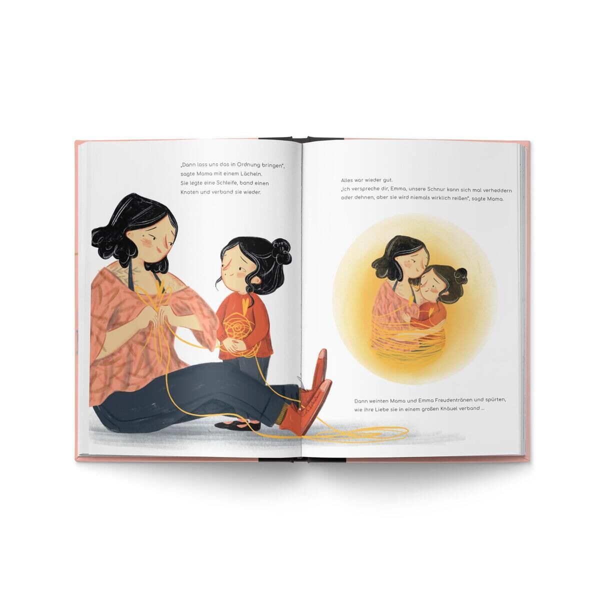 Ein aufgeschlagenes Kinderbuch mit Illustrationen einer Mutter und ihrer Tochter. Die Seiten zeigen farbenfrohe, detaillierte Zeichnungen und Text in deutscher Sprache.