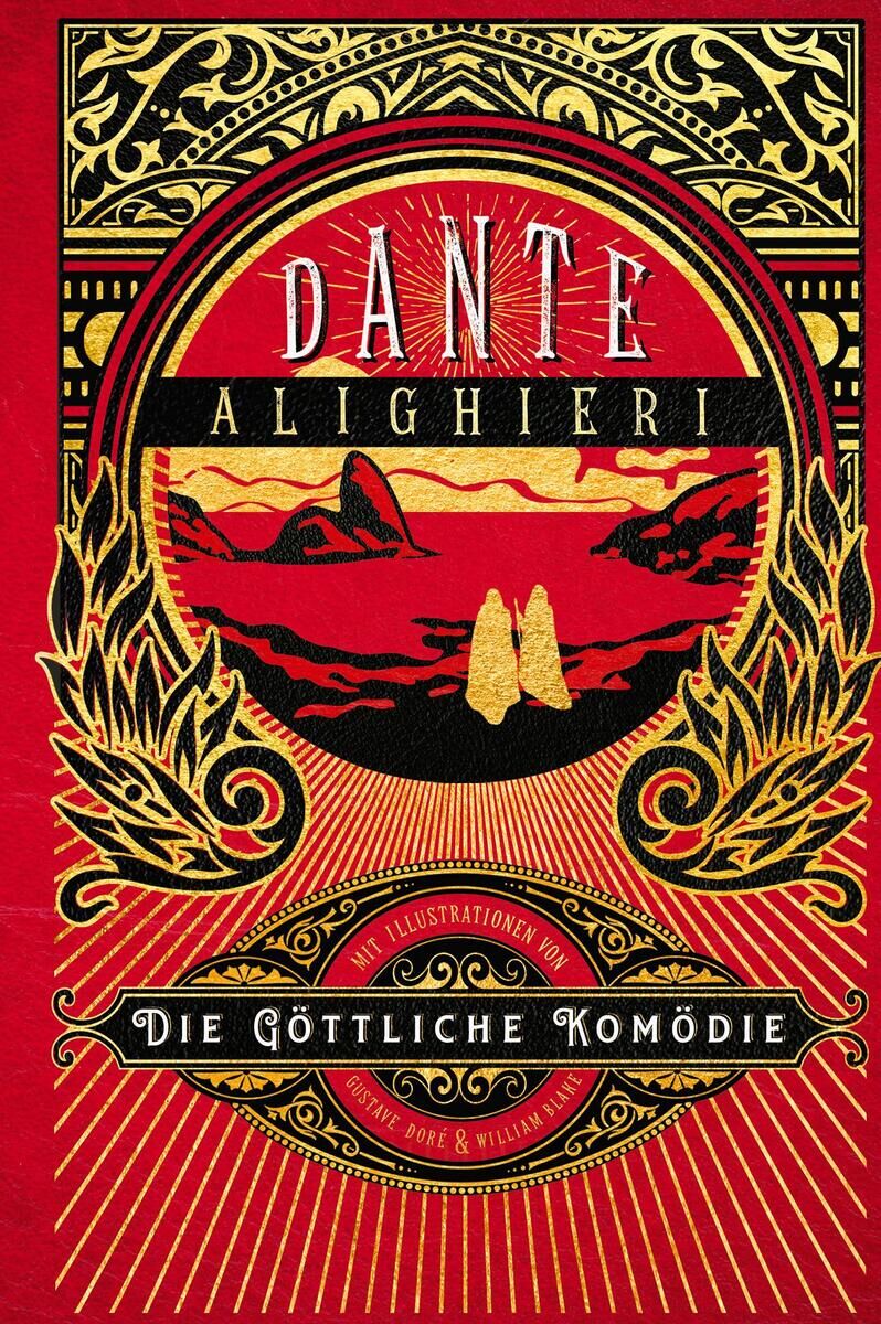 Das Bild zeigt das Cover des Buches „Die Göttliche Komödie“ von Dante Alighieri. Das Design ist in Rot, Schwarz und Gold gehalten und zeigt ein stilisiertes Landschaftsmotiv mit kunstvollen Verzierungen.