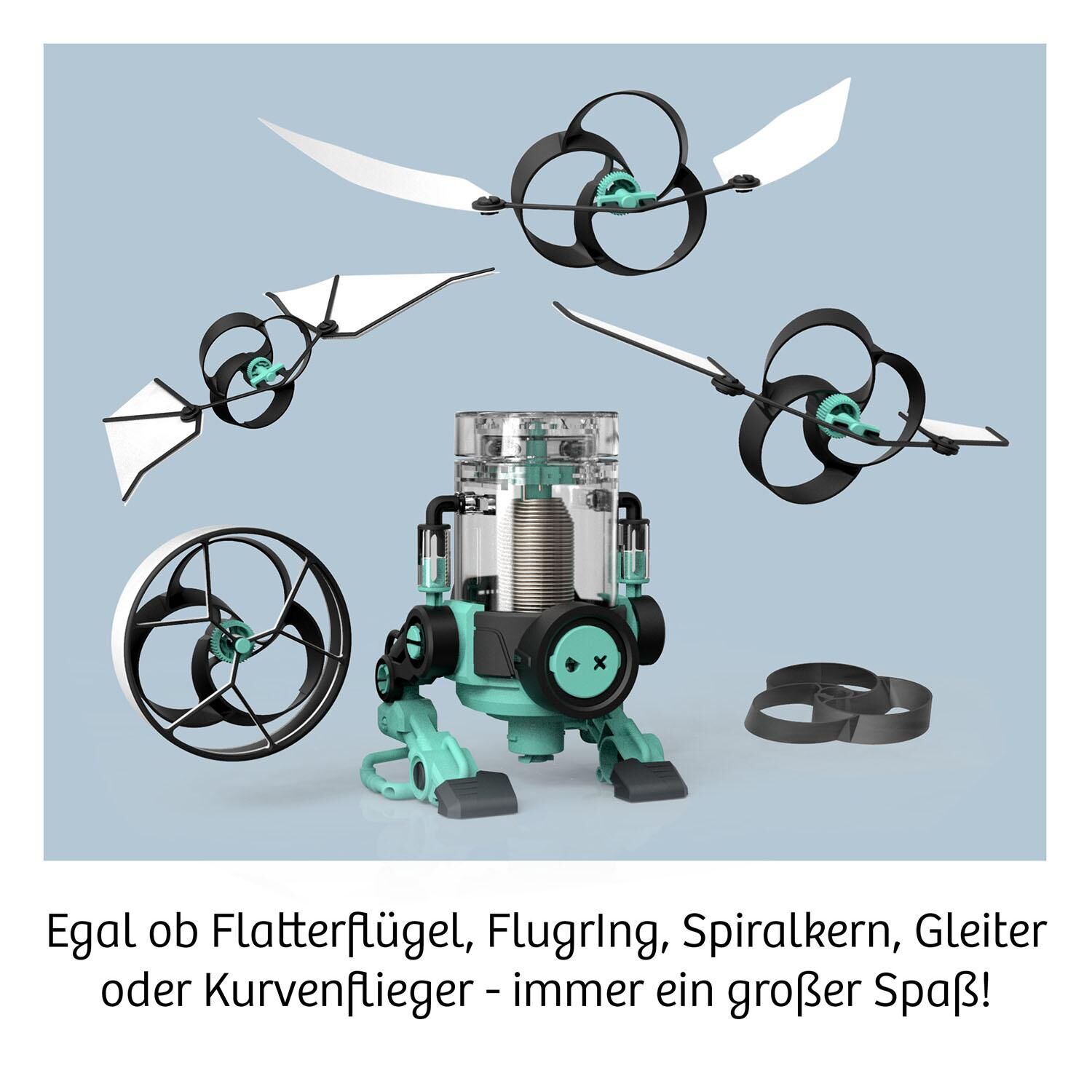Produktbild von Flybots, einem modularen Baukasten für Fluggeräte mit verschiedenen Aufsätzen und Elementen in türkis, schwarz, silber und grau auf einem hellen Hintergrund.