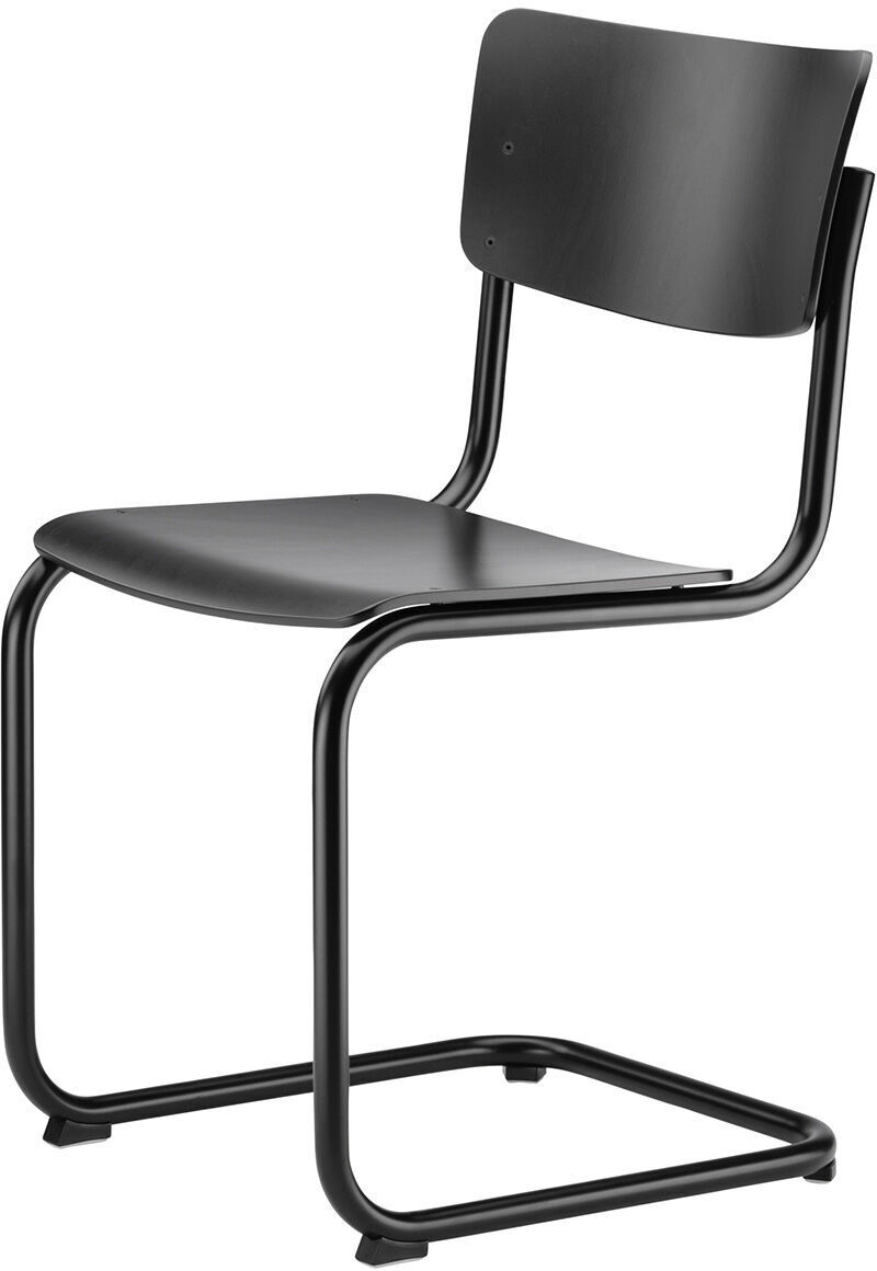 Der ZEIT-Sonderedition Freischwinger »S 43 Black« von Thonet ist ein eleganter, schwarzer Stuhl mit einem minimalistischen Design und einer robusten Metallkonstruktion.