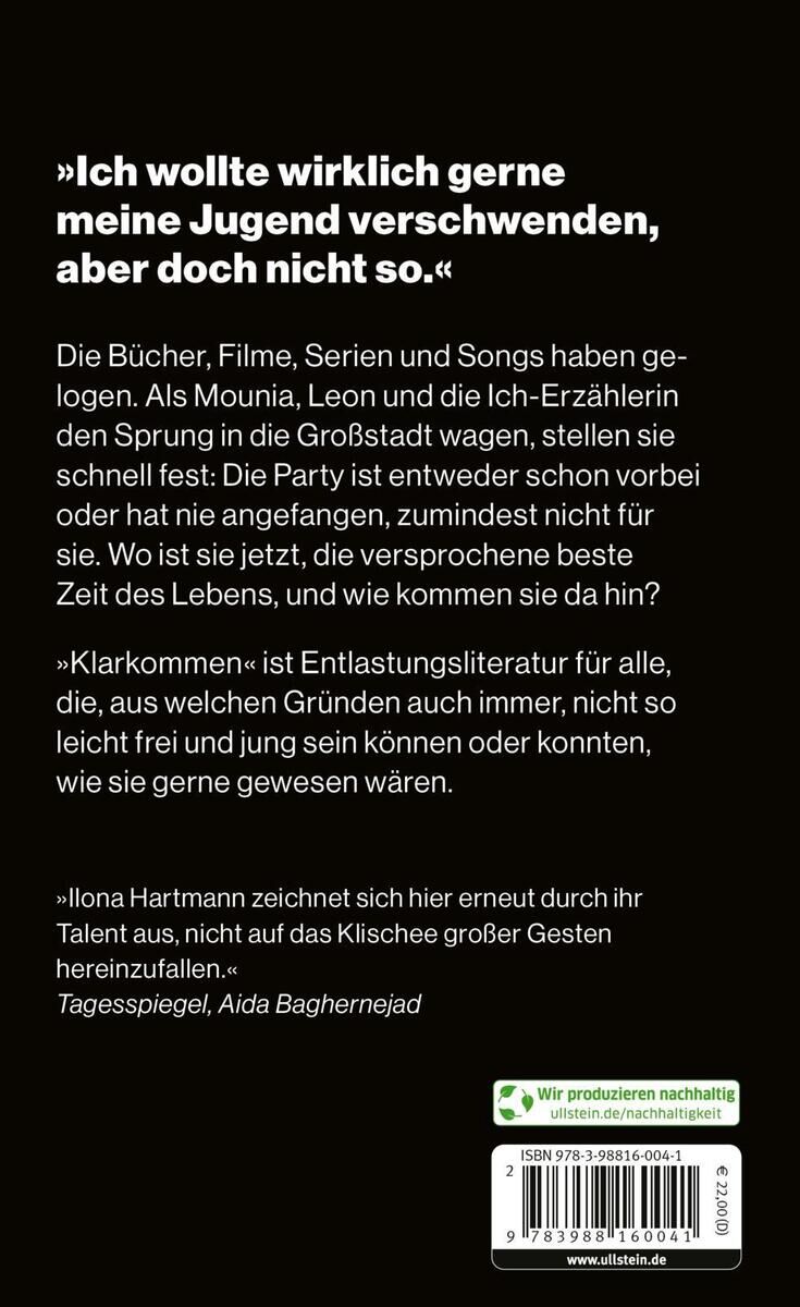 Die Rückseite des Buches 'Hartmann, I: Klarkommen' zeigt Zitate und eine kurze Zusammenfassung des Inhalts auf schwarzem Hintergrund mit weißer und grüner Schrift.