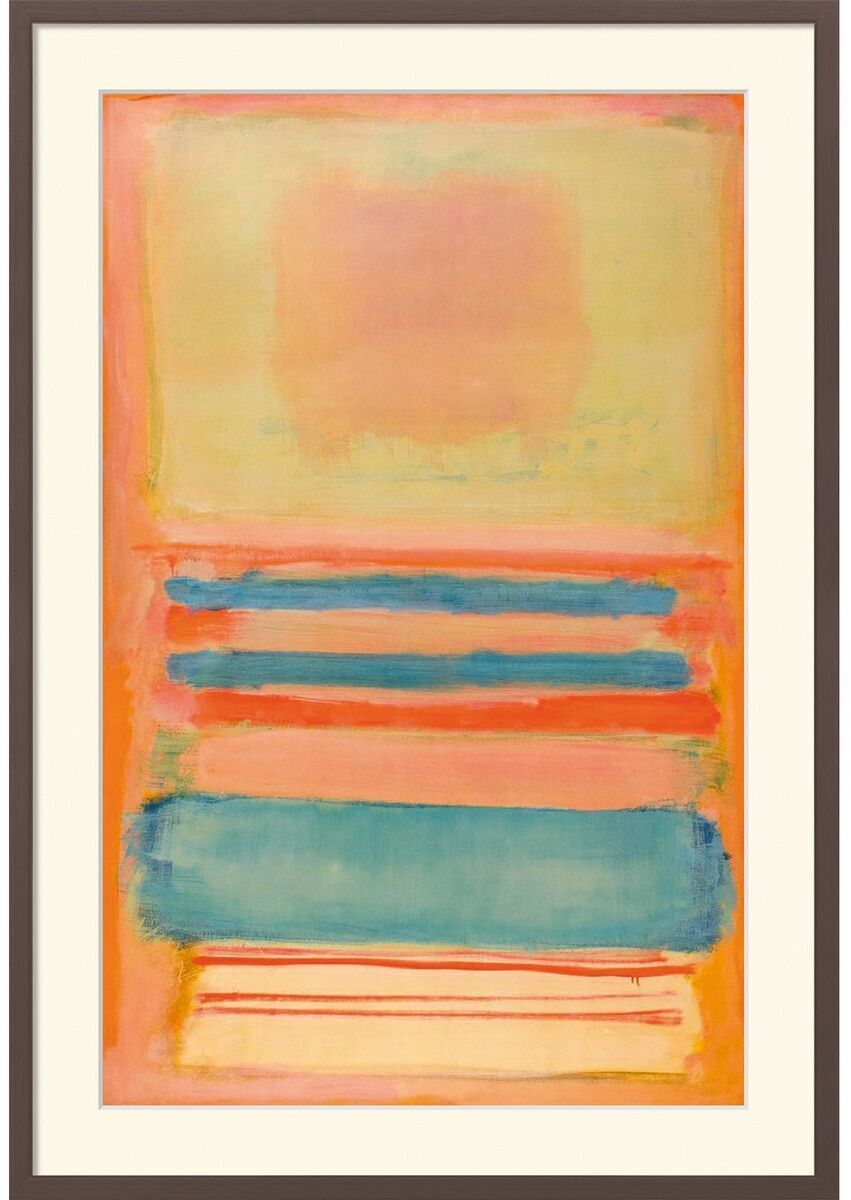 Ein Kunstwerk von Mark Rothko namens »No. 7 (oder) No. 11«. Das Gemälde zeigt abstrakte Farbfelder in Blau, Gelb, Orange, und Rot, die horizontale Linien und Rechtecke bilden. Die Farben sind weich ineinander übergehend und zeigen eine beruhigende Wirkung.