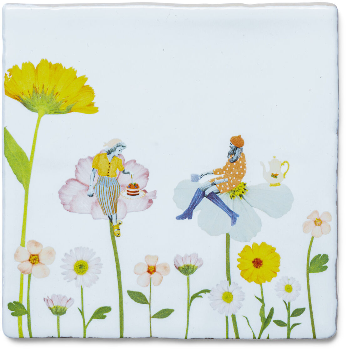 Illustration einer Blumenwiese mit zwei Kindern, die auf großen Blüten sitzen und Tee trinken. Die Szene ist in Pastellfarben gehalten mit bunten Blumen auf einem weißen Hintergrund.