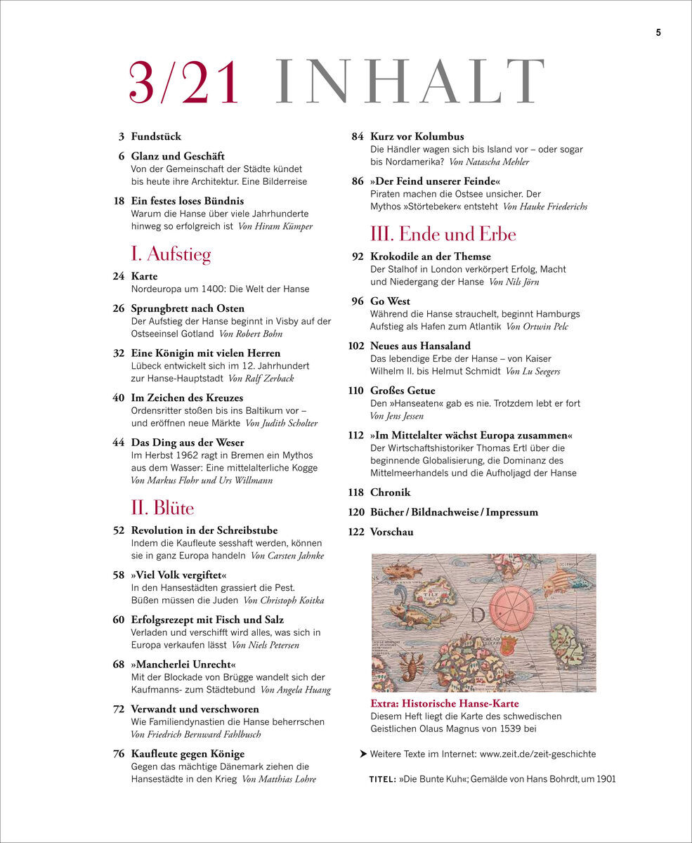 Die Abbildung zeigt das Inhaltsverzeichnis der Zeitschrift ZEIT GESCHICHTE 3/21 Die Hanse. Das Layout ist in einer Spaltenform gestaltet, mit Titeln und Seitenzahlen in Schwarzdruck. Die Titel sind passend zum Thema mittelalterlicher Handel und der Hanse. Ein dekoratives historisches Kartenbild ist am unteren rechten Rand sichtbar.