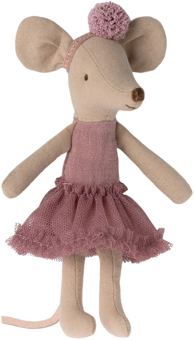 Ein Plüschtier in Form einer Maus mit einer Ballerina-Frisur und einem rosa Kleid, geeignet als Geschenk für Kinder.