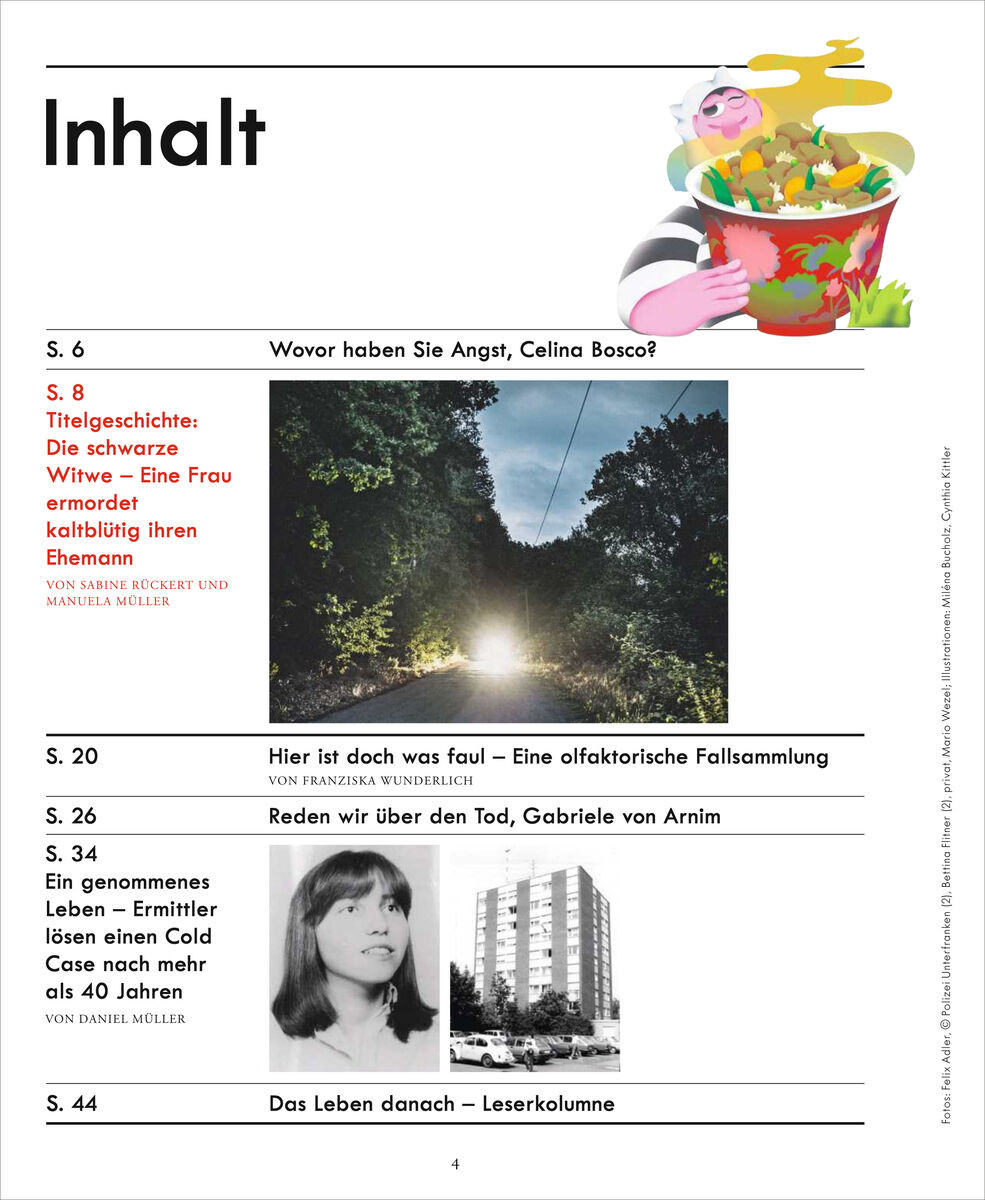 Detailliertes Inhaltsverzeichnis des Magazins ZEIT VERBRECHEN 40/26 mit Überschriften, Rubriken und zwei Fotos. Farbig illustrierte Frau mit Obstkorb rechts oben. Schwarze Überschrift „Inhalt“, strukturierte Listung der Artikel mit Seitenzahlen, darunter Titelbilder der Reportagen.