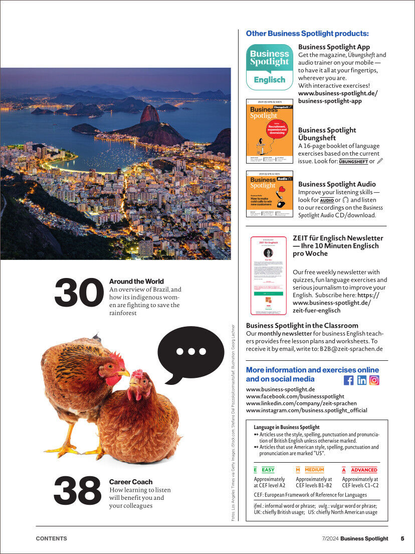 Seite aus der Ausgabe 07/2024 des Business Spotlight Magazins. Die Seite enthält Informationen über verschiedene Produkte des Magazins wie die Business Spotlight App, Sprachtraining und Audios. Oben links befindet sich eine schöne Stadtansicht, darunter ein Bild von Hühnern und Texten zu Berufsthemen.