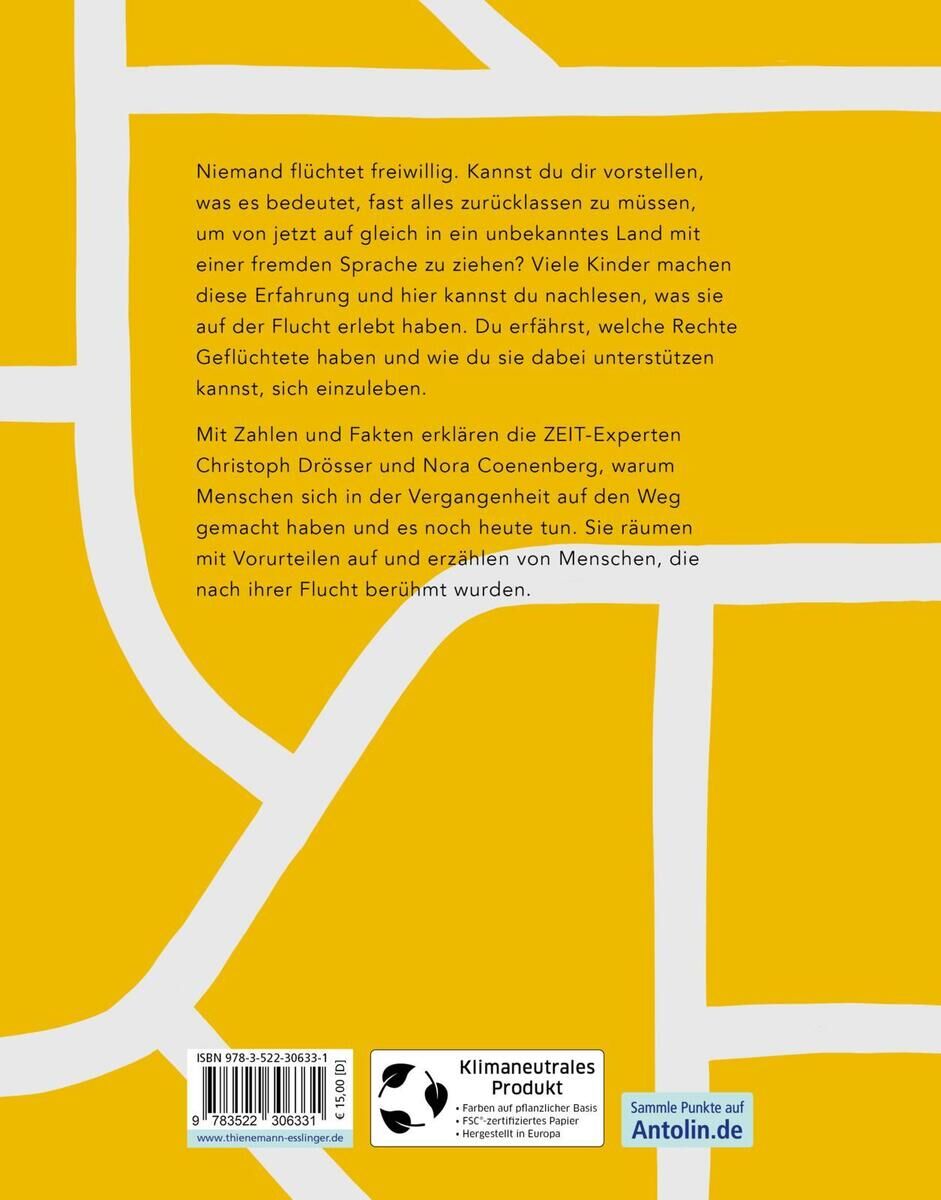 Rückseite des Buches 'Wir mussten flüchten' mit gelbem Hintergrund und weißem Text. Es enthält Beschreibungen und Einblicke in die Erfahrungen von Menschen, die zur Flucht gezwungen wurden.