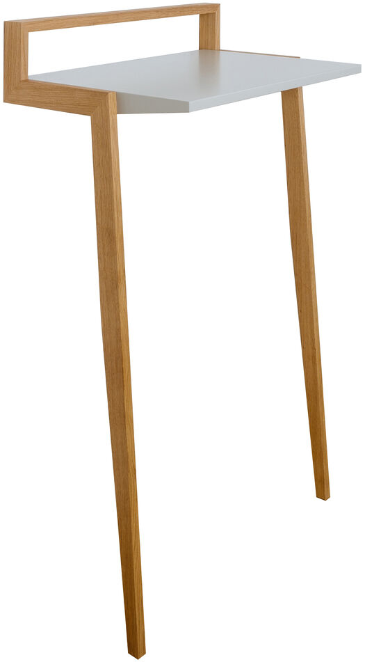 Stehpult 'buckowski' aus Holz und Metall, minimalistisch gestaltet mit weißen und braunen Elementen. Ideal für ergonomische Arbeitsplätze in Büro oder Homeoffice.
