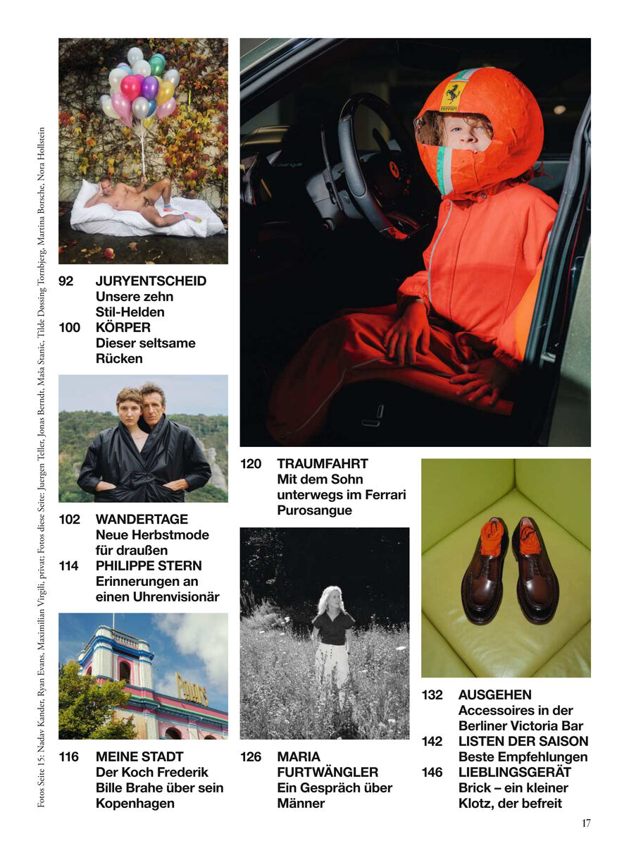 Übersichtsseite eines Magazins mit mehreren Fotos: Oben eine Person mit Ballons, daneben ein Mann in orangem Anzug und Ferrari-Helm im Auto, unten große Schuhe, zwei Personen vor einem See, eine Frau auf einer Wiese, ein Koch vor einem bunten Gebäude. Begleitende Texte zu den Themen der Ausgabe.