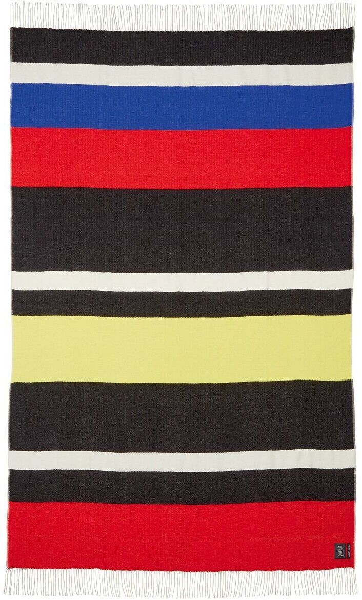 Ein gestreifter Schal von Parati im Bauhaus-Stil mit horizontalen Streifen in den Farben Schwarz, Rot, Gelb, Blau und Weiß.