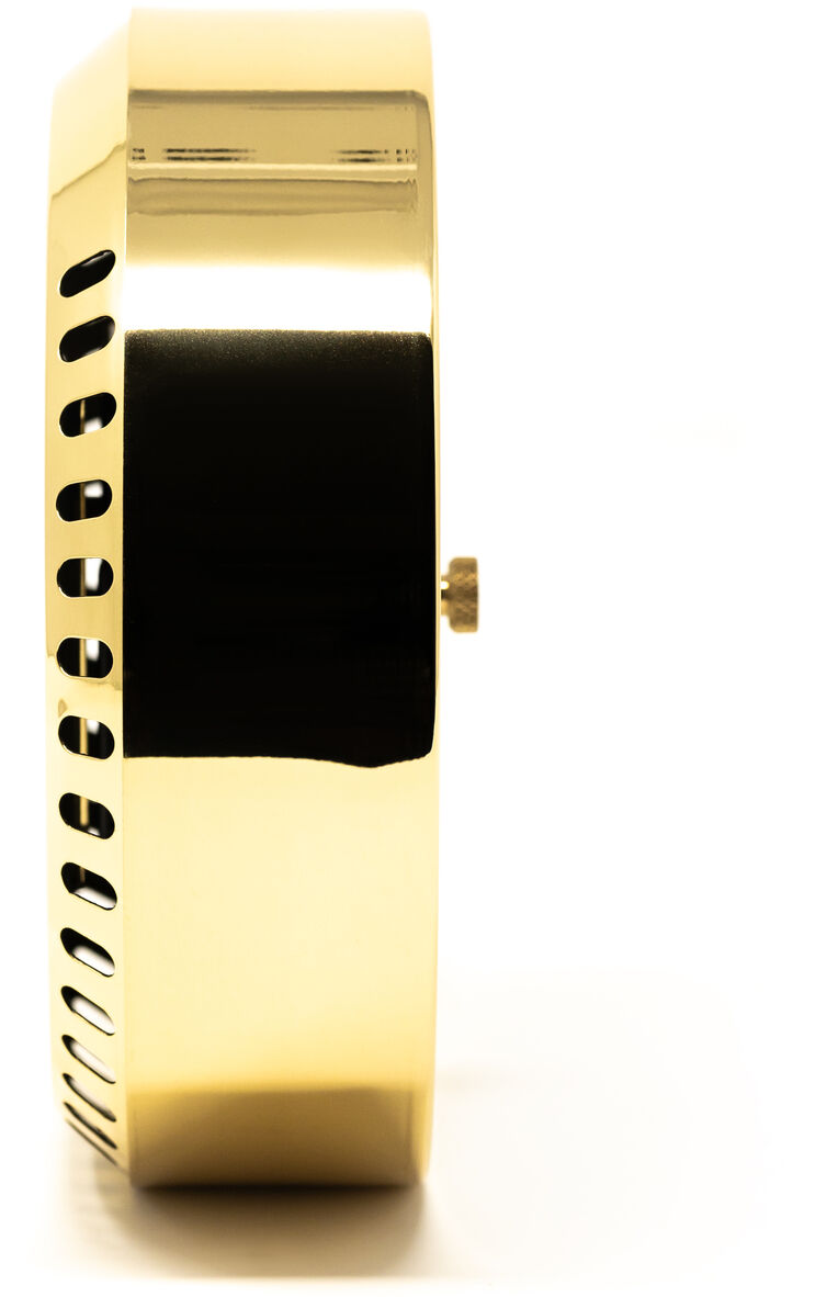 Seitenansicht einer luxuriösen goldenen Uhr aus der ZEIT-Sonderedition »POLAR Weltzeituhr« von Fischer Manufaktur. Die Uhr hat ein elegantes und modernes Design, ideal für Uhrenliebhaber und als exklusives Geschenk.