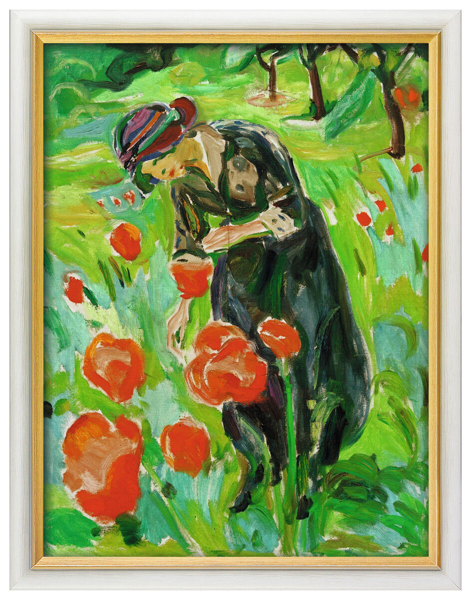 Ein expressionistisches Gemälde von Edvard Munch zeigt eine Frau, die sich in einem grünen Garten mit roten Mohnblumen befindet. Die Frau trägt ein dunkles Kleid und einen lila Hut. Das Bild ist in lebendigen Farben gehalten.