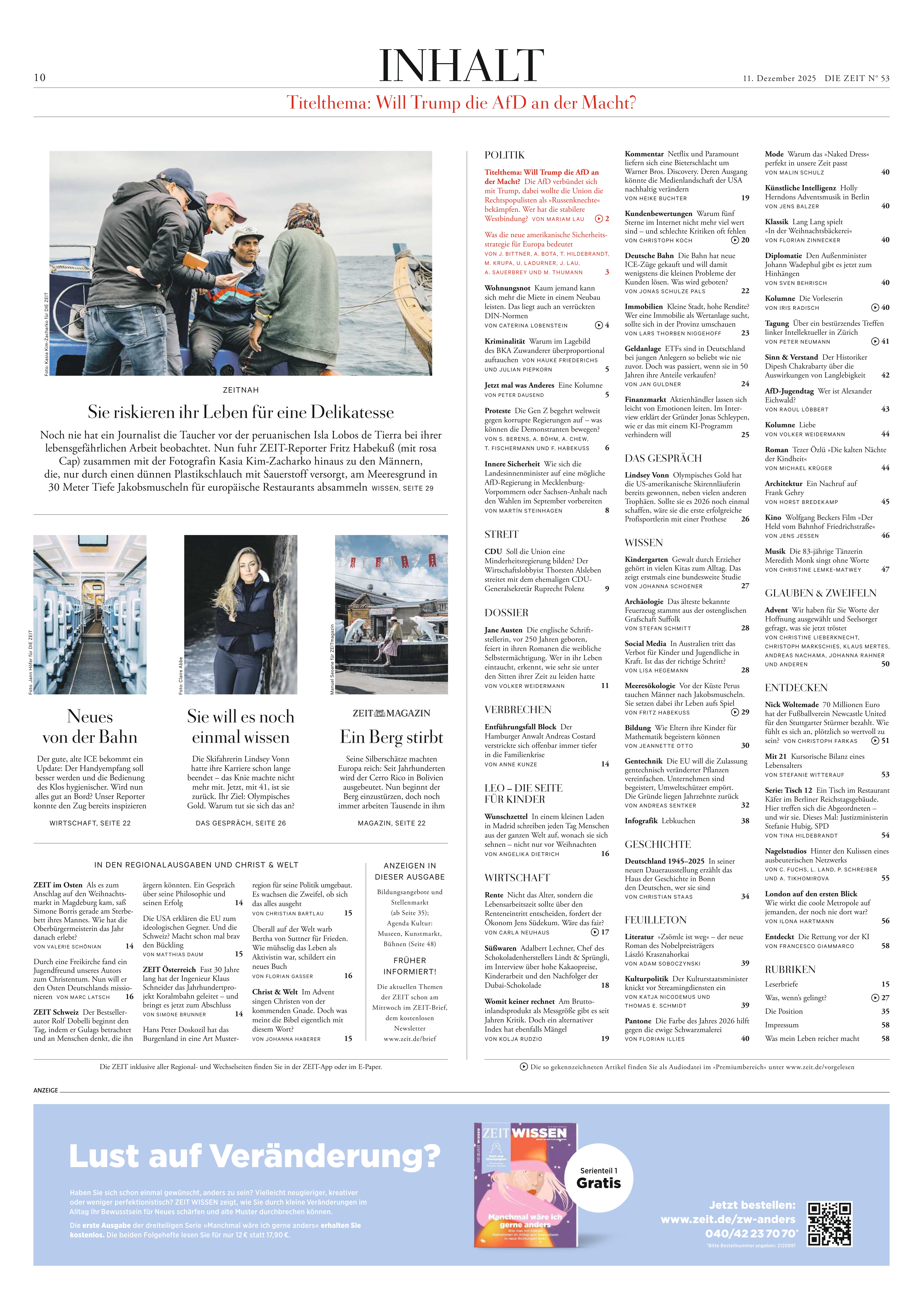 Detailreiche Inhaltsseite der Wochenzeitung DIE ZEIT 53/2025. Oben mehrere Spalten mit Inhaltsverzeichnis zu Politik, Wissen, Wirtschaft, Kultur und Gesellschaft, daneben Bilder u.a. mit einer Personengruppe an einem Boot und moderner Architektur. Unten Werbeanzeigen mit Farbflächen und Text.