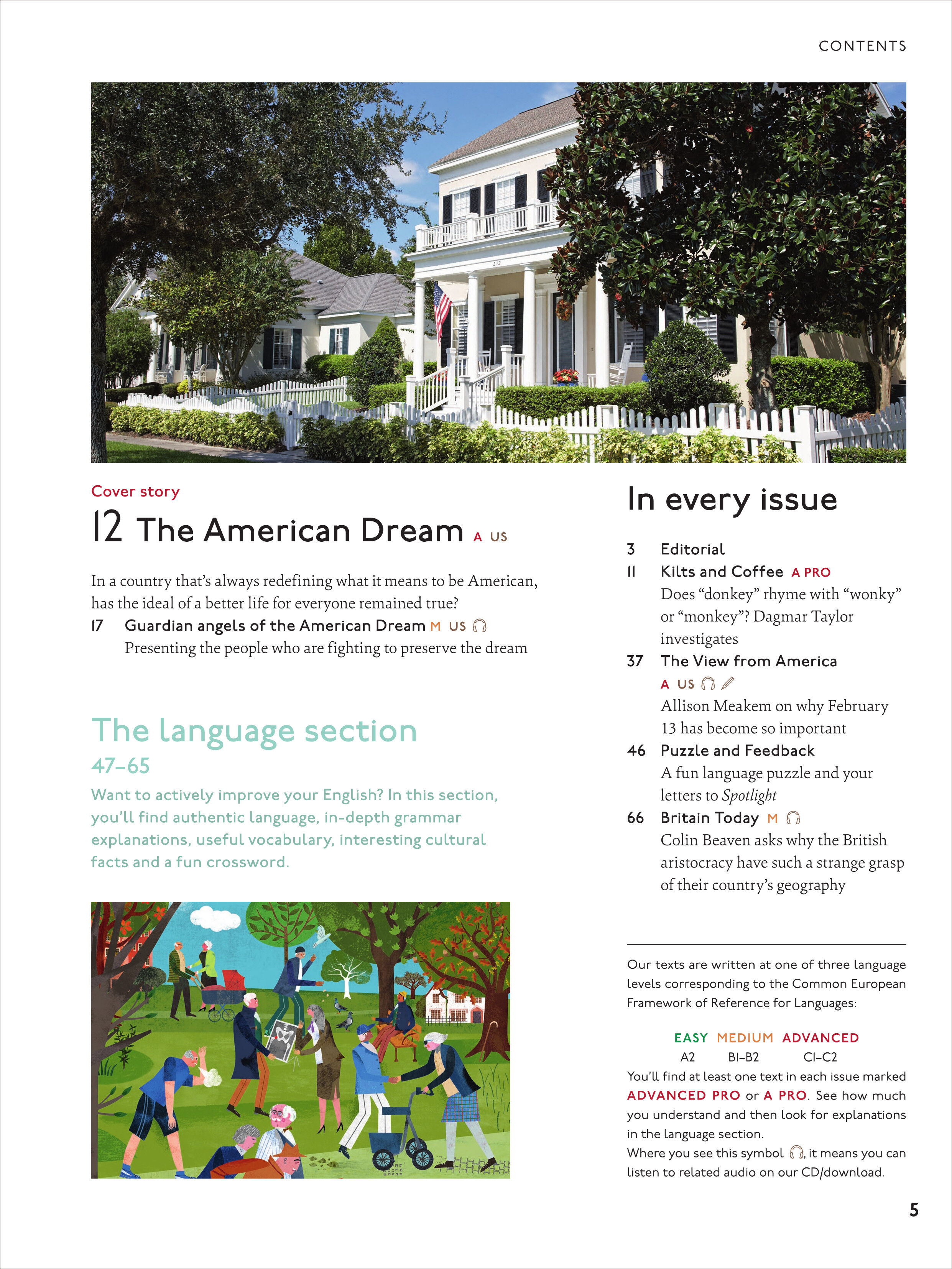 Detailreiche Seite eines Magazins mit Inhaltsverzeichnis. Oben ein großes Foto eines weißen Hauses mit Garten und US-Flagge. Unten links eine farbige Illustration von spielenden Menschen im Park. Rechts viel Text mit Themen und Rubriken zu Sprache, Kultur und Gesellschaft sowie Hinweise auf die Rubriken und Lernniveaus.