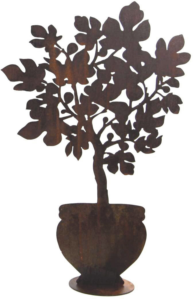 Metallsilhouette eines Feigenbaums in einem Topf, gestaltet als Gartendekoration in Rostoptik, die auf einem weißen Hintergrund steht. Die Silhouette zeigt feine Blätter und Zweige und eignet sich ideal zur Verschönerung von Garten, Terrasse oder Balkon.