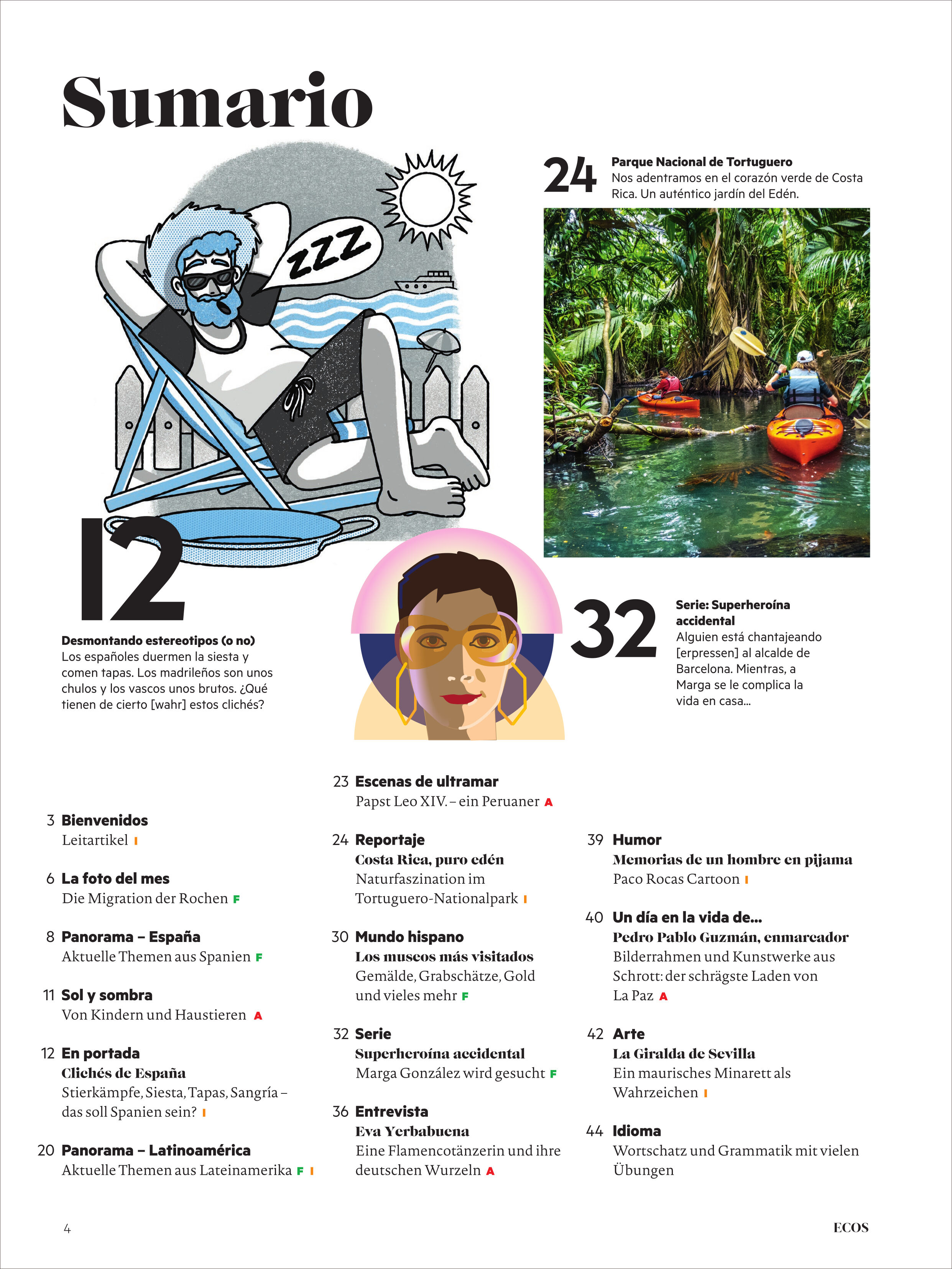 Das Cover einer Magazinausgabe zeigt Illustrationen eines Mannes auf einer Liege mit Sonnenbrille und einer Frau mit Brille in buntem Design. Im Hintergrund sind Szenen aus einem tropischen Nationalpark mit einem Kanu auf einem Fluss zu sehen. Verschiedene Rubriken und Themen zum Spanisch lernen, Natur, Reisen und Superheldinnen werden angekündigt. Das Bild wirkt einladend, bunt und informativ.