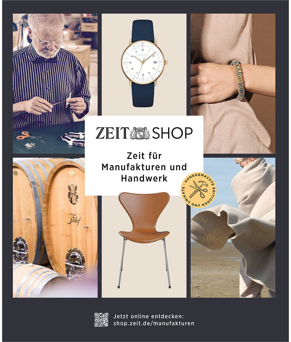 Collage aus sechs Bildern: Uhr mit Lederarmband, elegante Frau mit Armschmuck, Handwerker bei Feinarbeit, edle Fässer, moderne Designstuhl und Person mit feinem Stoff. Mittig Banner: „ZEIT SHOP – Zeit für Manufakturen und Handwerk“. Hochwertige, exklusive Produkte.