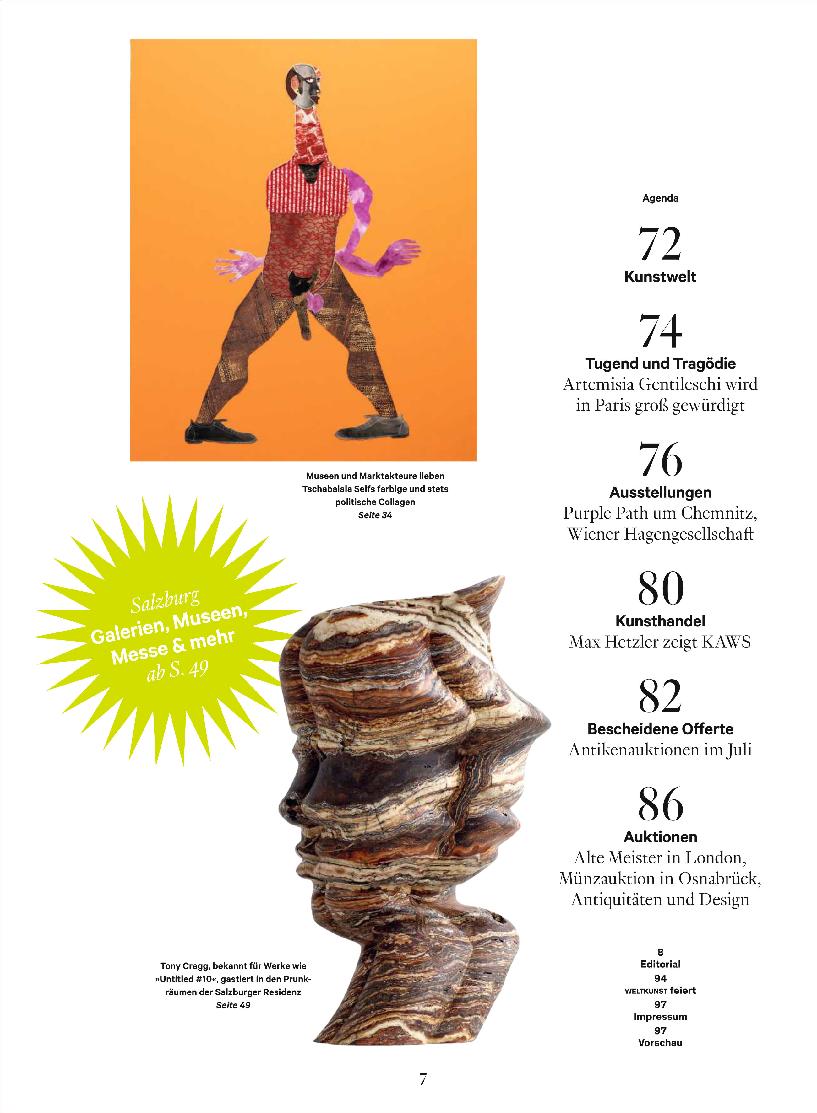 Titelblatt eines Kunstmagazins mit moderner Collage: Eine Skulptur aus Holz in Form eines multiplen Gesichts im Vordergrund, darüber eine bunte, surreale Figur vor orangefarbenem Hintergrund. Text informiert über aktuelle Kunstausstellungen, Auktionen und Kunstthemen des Sommers. Das Design ist farbenfroh und inspiriert von zeitgenössischer Kunst.