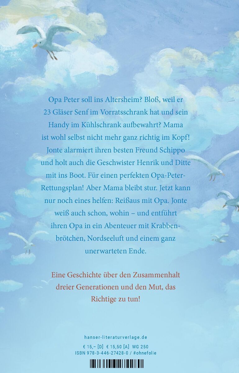 Das Buch „Reißaus mit Krabbenbrötchen“ von Silke Schlichtmann zeigt eine Illustration von Möwen über einem blauen Himmel. Es ist eine Familien- und Abenteuergeschichte, die sich um den Zusammenhalt zwischen Generationen dreht.