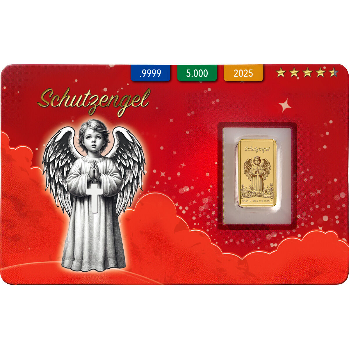 Goldmünzbarren mit Schutzengelmotiv in einer roten Geschenkverpackung, auf der ein gezeichneter Engel mit Flügeln zu sehen ist. Geeignet als religiöses Geschenk zu besonderen Anlässen wie Taufe oder Kommunion.