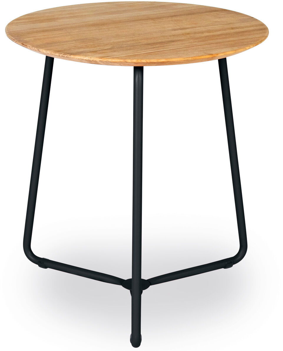 Runder Bistrotisch mit einer Tischplatte aus Teakholz und einem schwarzen Metallgestell, ideal für Balkon oder Terrasse.