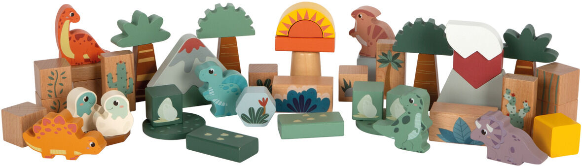 Ein Set aus farbenfrohen Holzbausteinen mit Dinosauriermotiven, inkl. Bäume, Berge und Sonnenuntergang. Geeignet für Kinder zum kreativen Spielen und Lernen.
