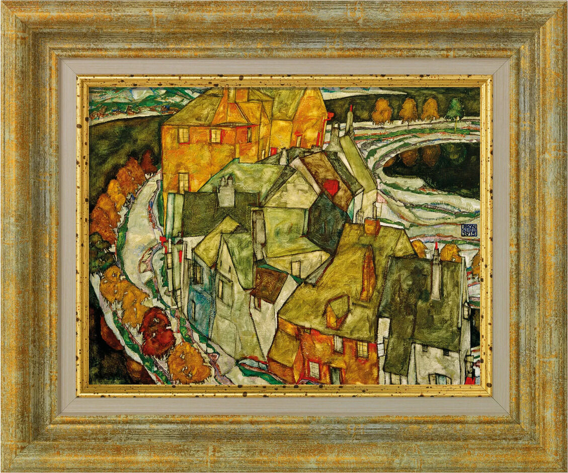 Gemälde von Egon Schiele mit dem Titel »Der Häuserbogen (Inselstadt)«, 1915. Gezeigt wird eine expressionistische Stadtlandschaft mit verschiedenen Häusern, Bäumen und Straßen. Das Werk hat einen massiven, rustikalen Holzrahmen in Gelb- und Grautönen.