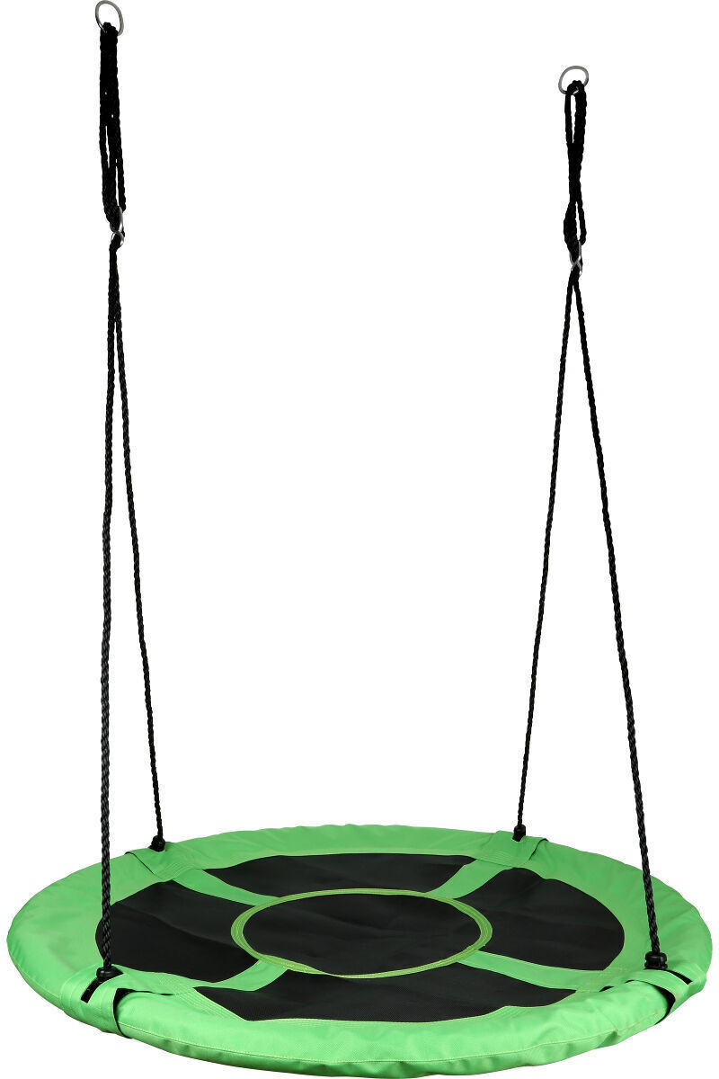 Große Nestschaukel in Grün und Schwarz mit stabilen Seilen, geeignet für den Außenbereich wie Garten, Spielplatz oder Park.