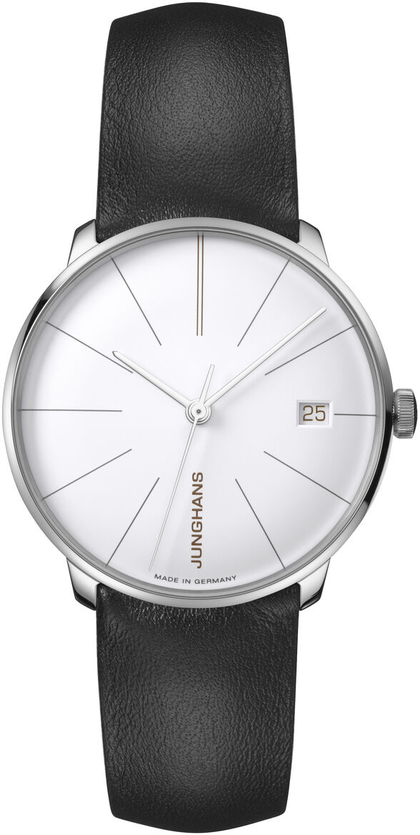 ZEIT-Sonderedition »Meister fein Kleine Automatic« von Junghans. Armbanduhr mit schwarzem Lederarmband, weißem Zifferblatt und silbernem Edelstahlgehäuse. Made in Germany.