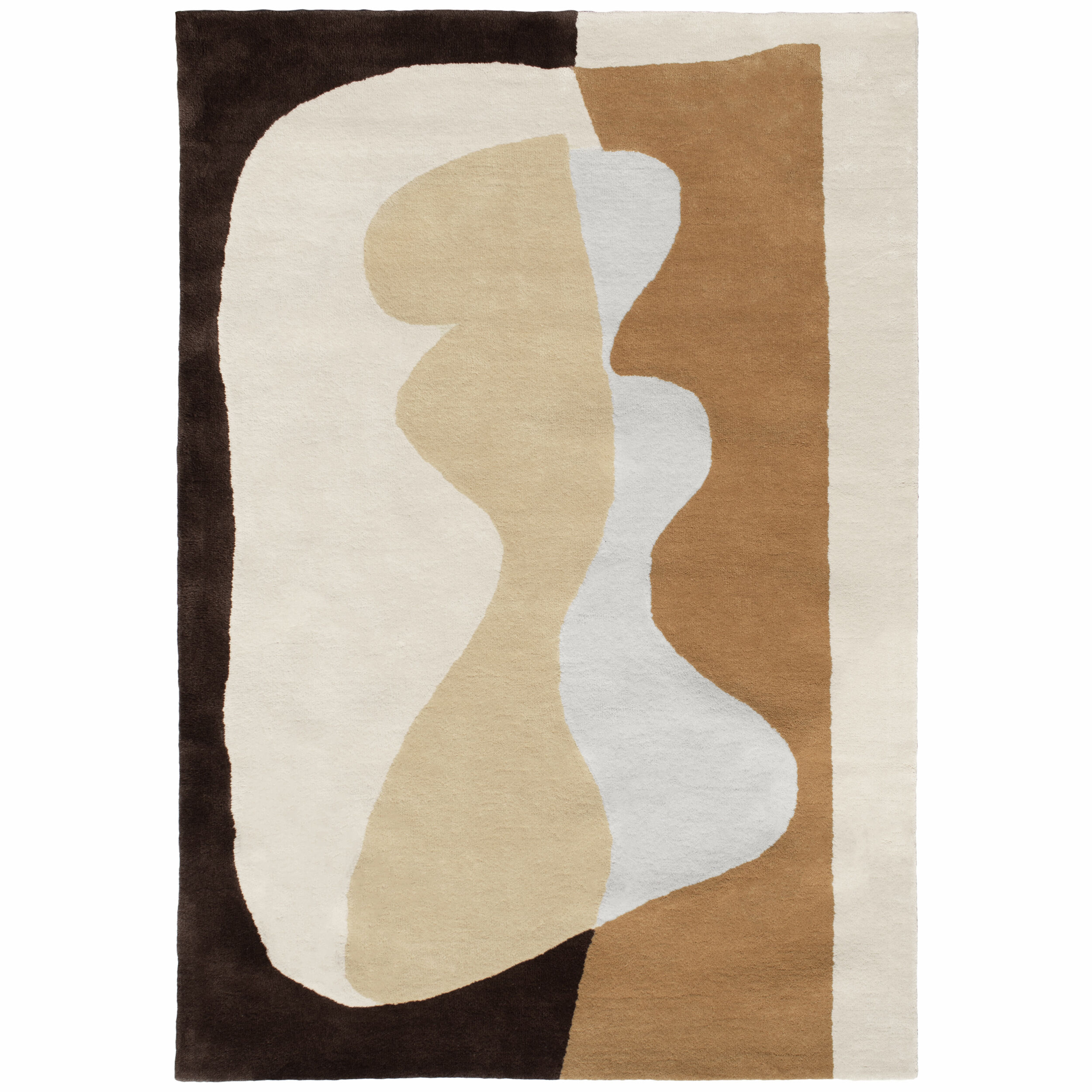 Rechteckiger Teppich im Maß 160 x 230 cm mit abstraktem, organischem Muster in Ocker, Weiß, Braun und Beige. Die Formen erinnern an moderne Kunst und sorgen für eine warme und einladende Atmosphäre im Wohnbereich.