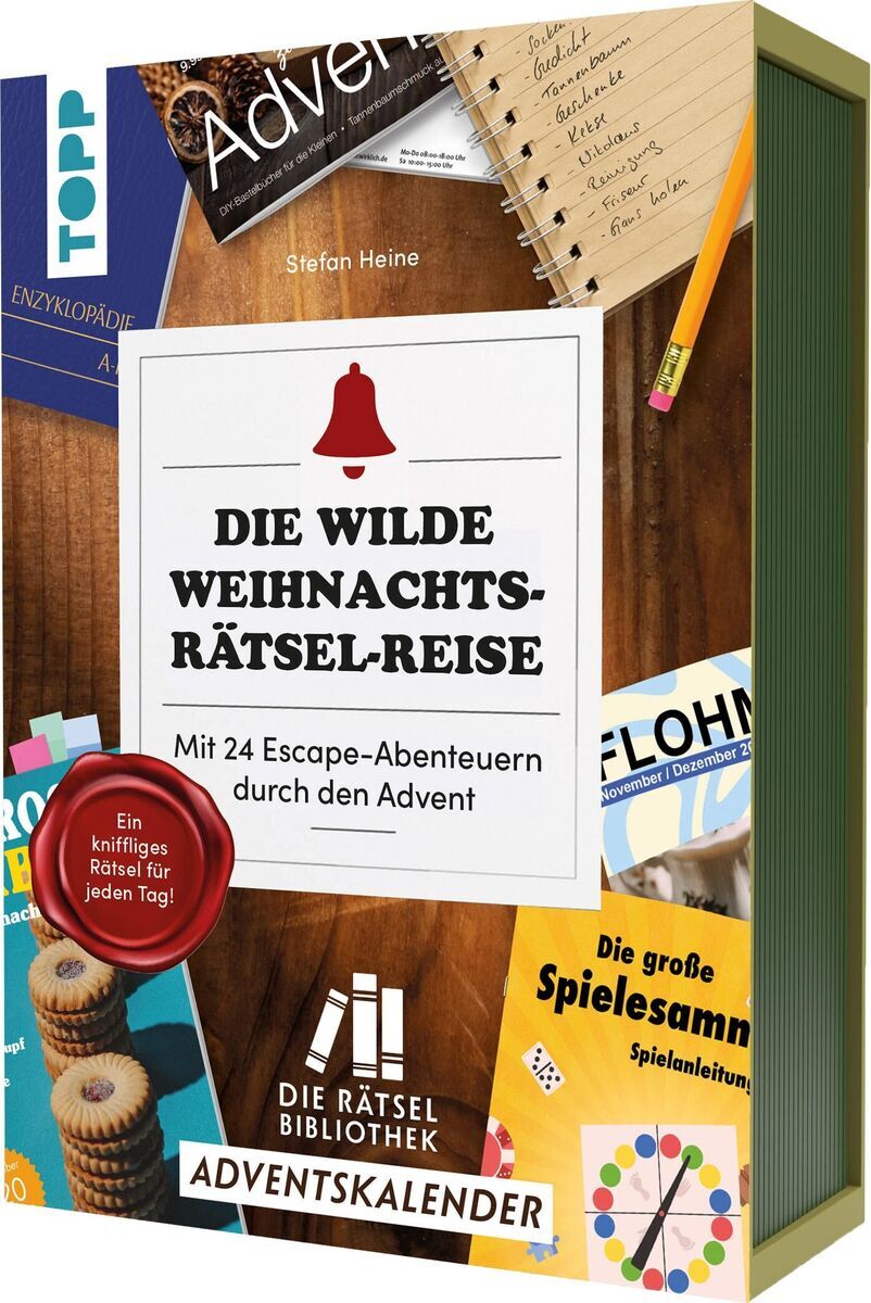 Die Abbildung zeigt den Adventskalender 'Die Rätselbibliothek. Adventskalender - Die wilde Weihnachts-Rätsel-Reise'. Es ist ein farbenfrohes Buch mit verschiedenen dekorativen Elementen, darunter ein hellrotes Glöckchensymbol und bunte Muster. Der Kalender verspricht 24 Escape-Abenteuer durch den Advent. Ideal für Familien und Kinder.